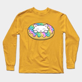 Cute white kitten eating a yummy looking rainbow doughnut with sprinkles on top of it Long Sleeve T-Shirt